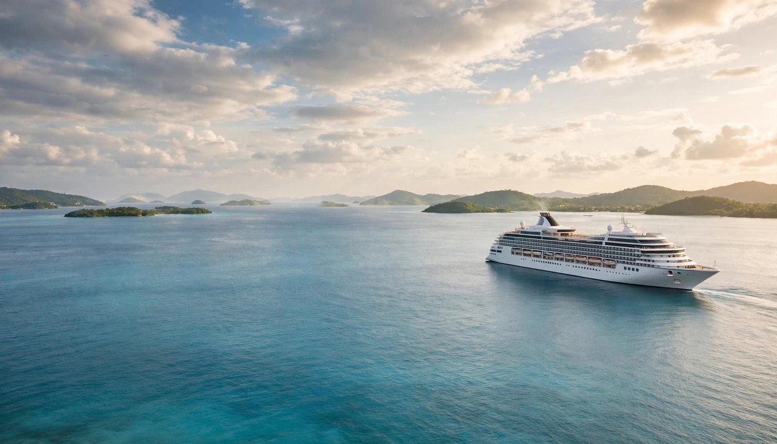 A luxury cruise ship sails through turquoise Caribbean waters near green islands.