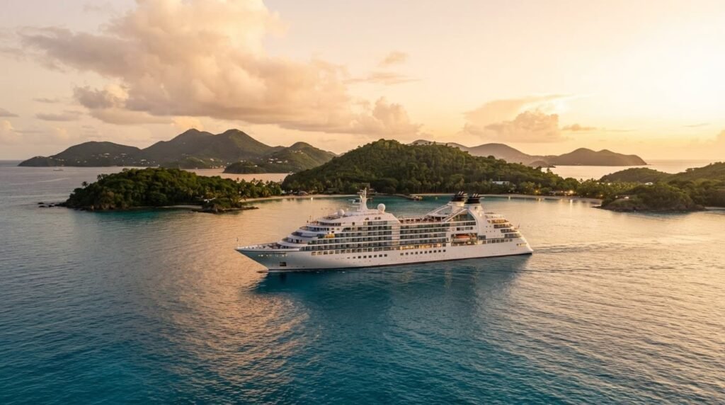 A luxury cruise ship sails past tropical islands on calm turquoise water at sunset.