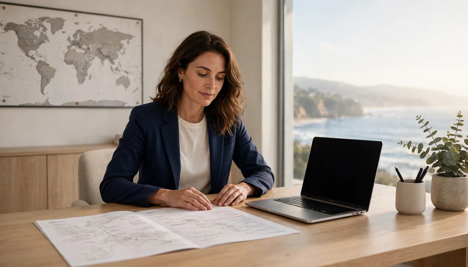 Travel advisor reviewing a cruise itinerary beside a laptop in an office overlooking the ocean.