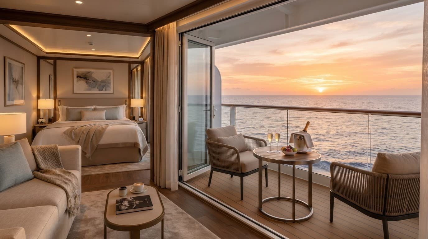 A refined cruise suite opens onto a balcony with two glasses and a sunset ocean view.