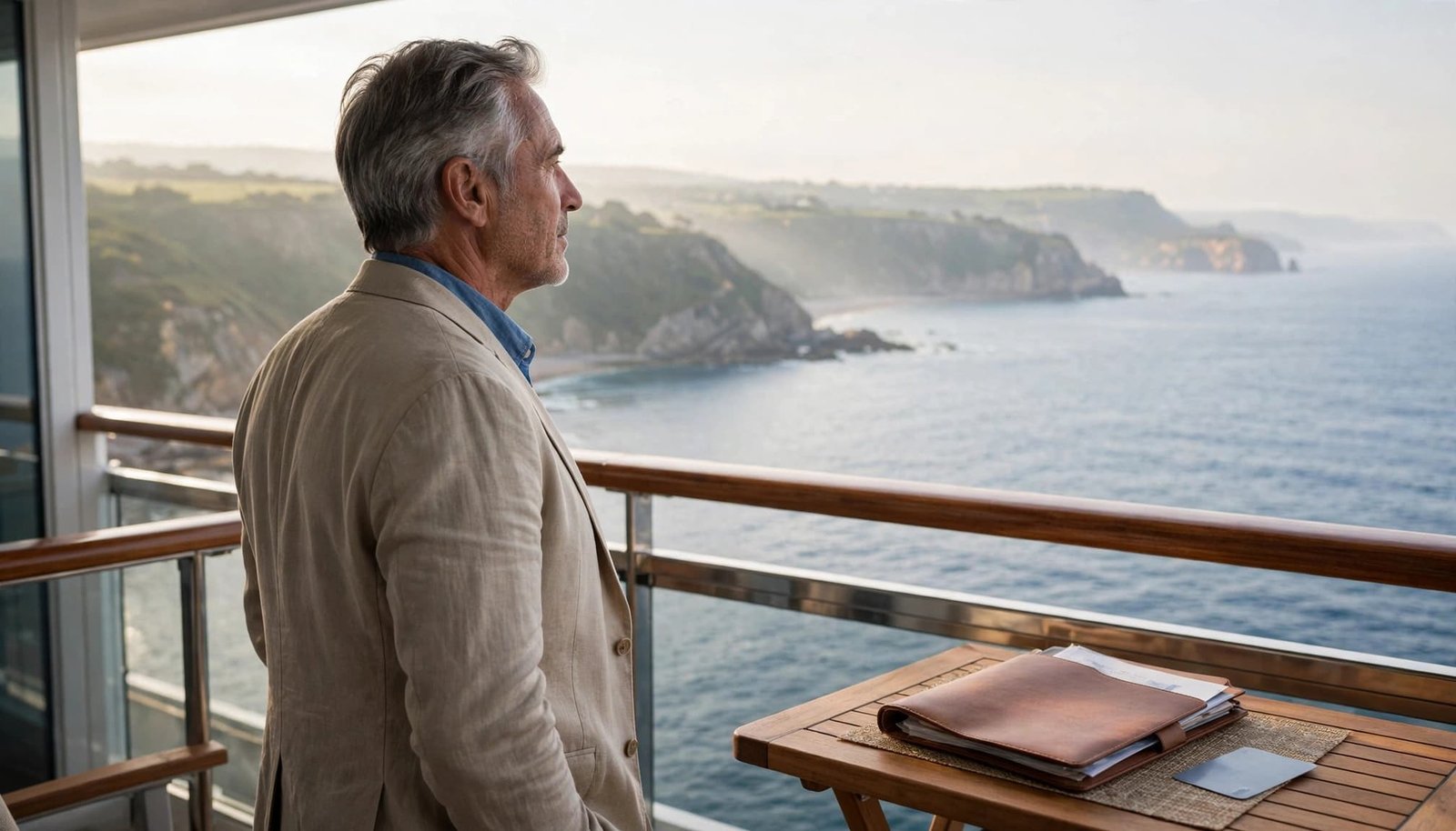 A mature traveler overlooks the sea from a cruise balcony beside a table with travel documents.