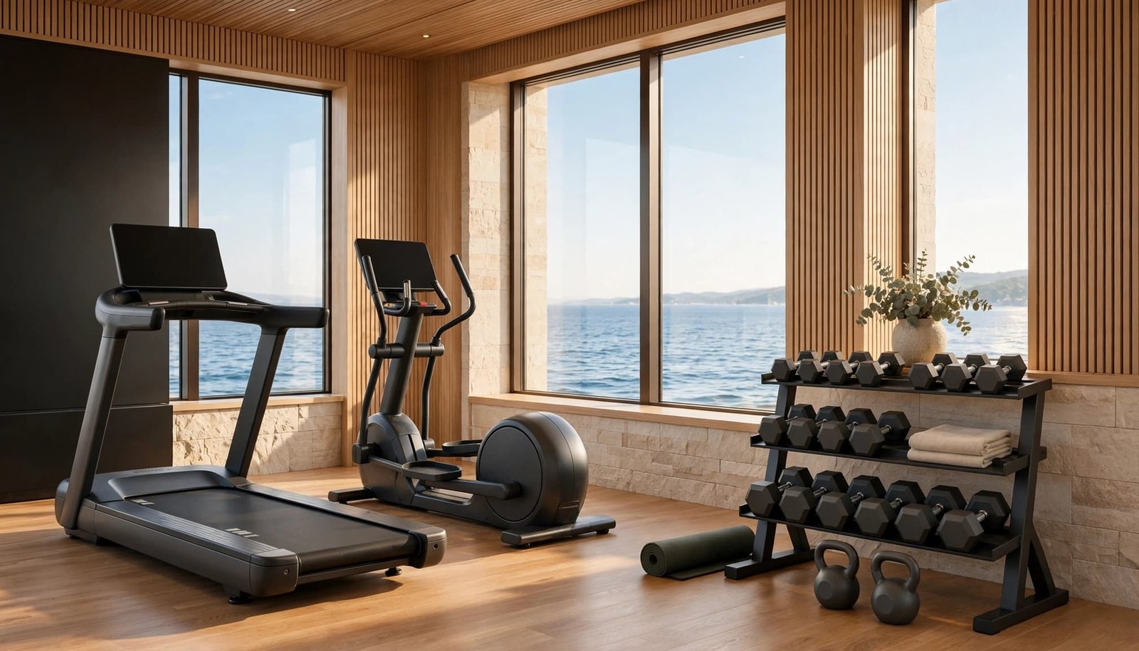 Empty cruise fitness studio with cardio machines, free weights, and ocean views.