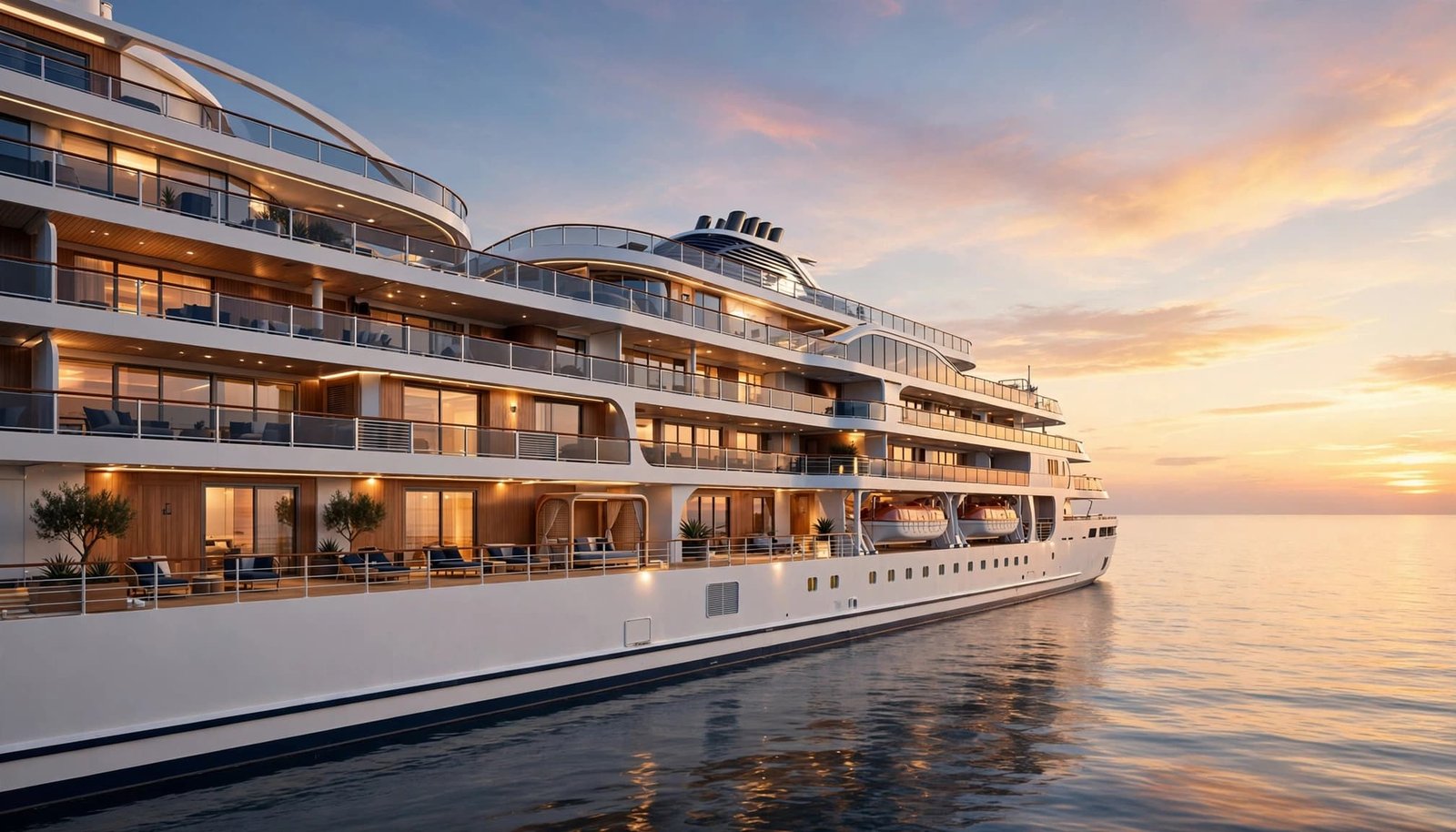 Luxury cruise ship sailing across calm water at sunset with warm deck lights.