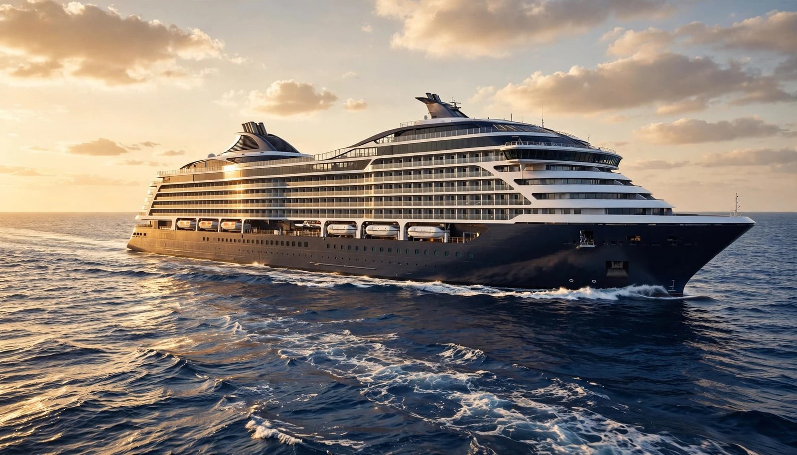 A luxury cruise ship sailing near Barcelona on blue water at sunset.