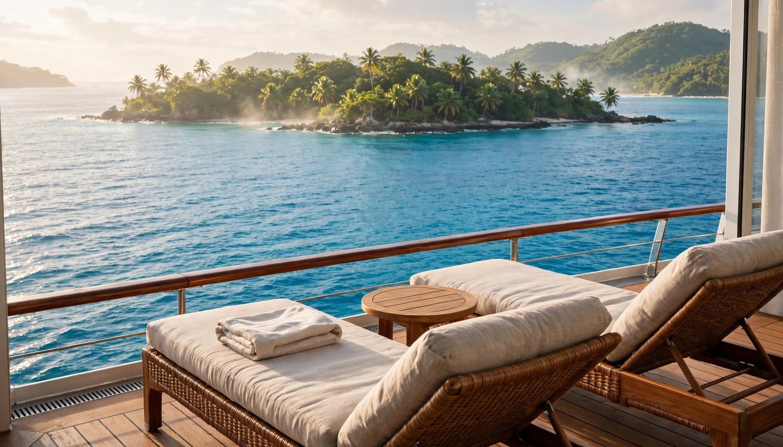 Two chairs and a small table overlook turquoise Caribbean water from a cruise balcony.