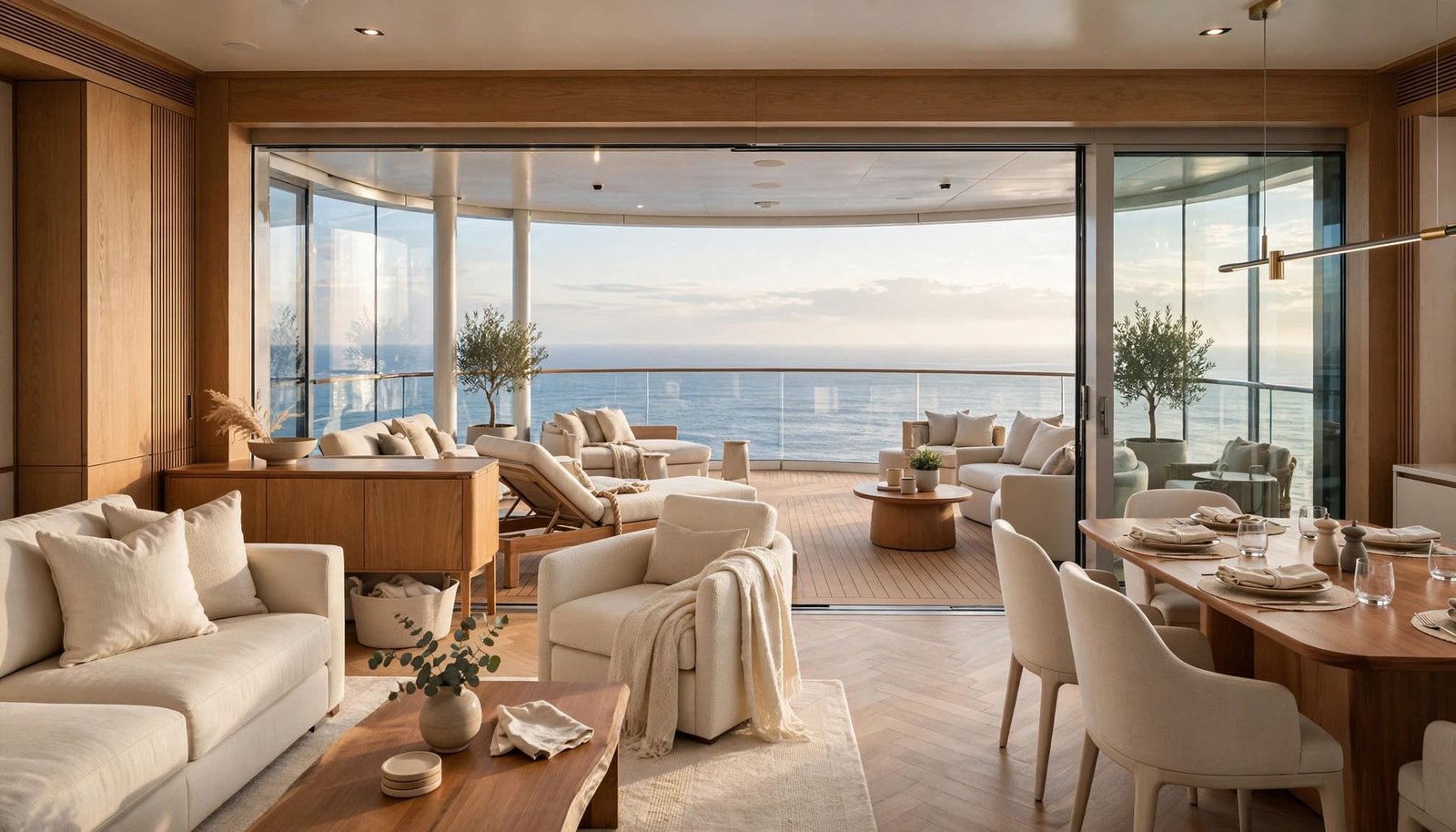 Luxury cruise suite with cream seating opening onto a spacious ocean-view balcony.