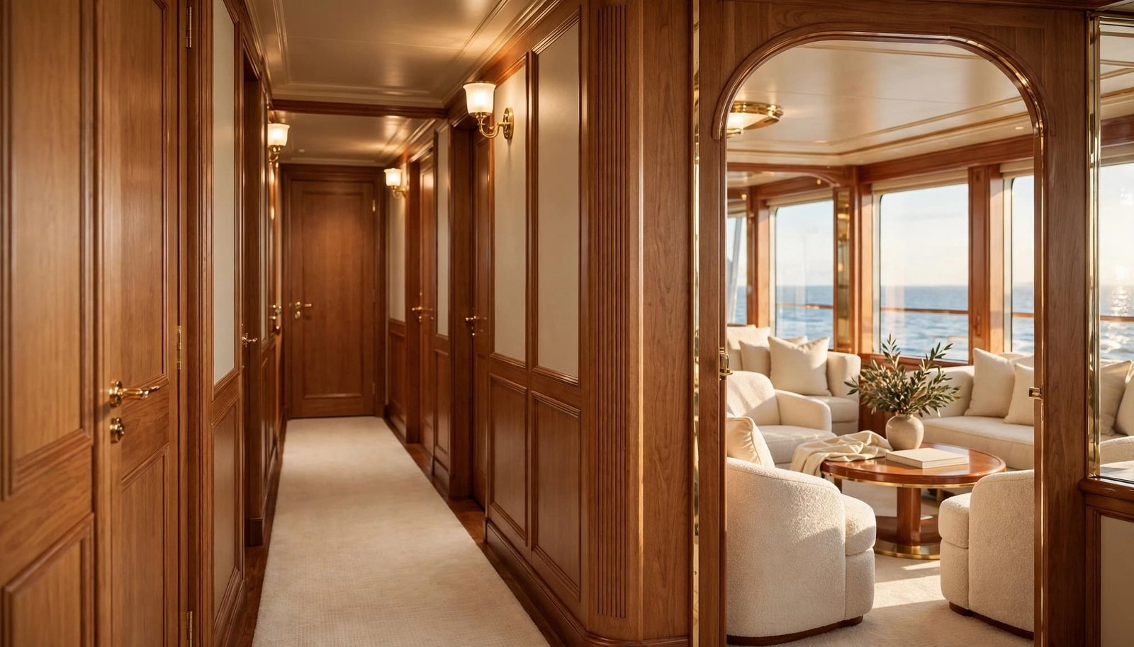 Luxury cruise suite corridor with cream seating, brass lights, and ocean views.