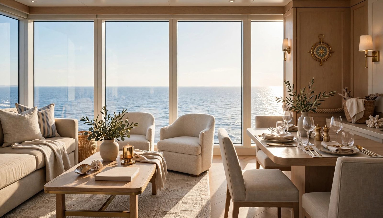 An elegant cruise suite with ocean views, seating, dining, and warm afternoon light.