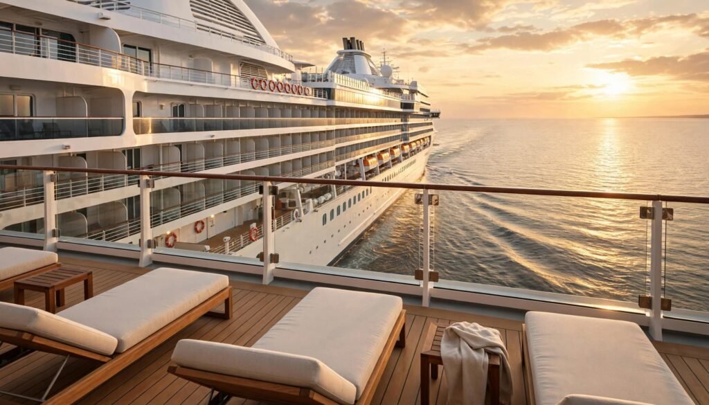 A luxury cruise ship sailing past empty lounge seating at sunset.