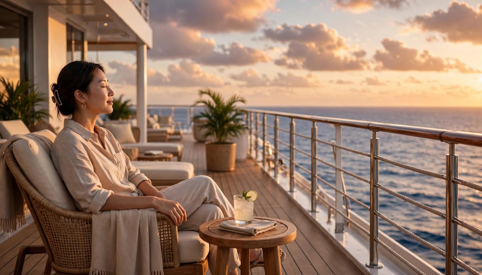 One traveler relaxes in a lounge chair on a cruise deck at sunset.