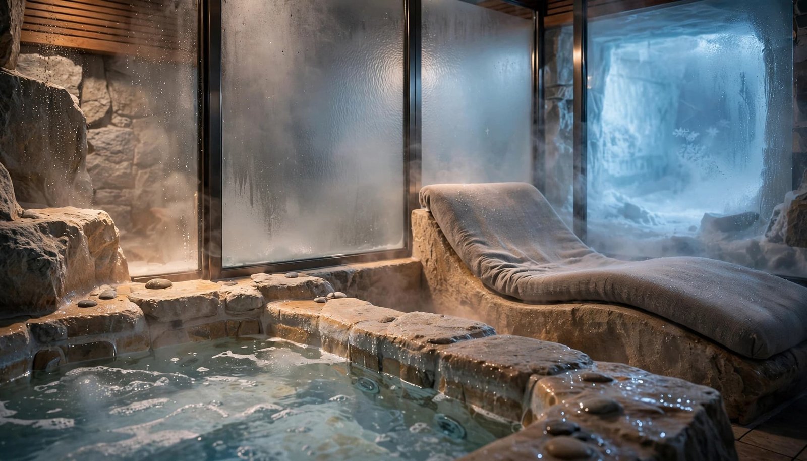 A small hydrotherapy pool beside heated loungers in a softly lit stone wellness area.