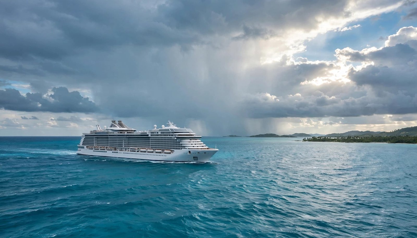 Luxury cruise ship sailing through light tropical rain near a distant island.