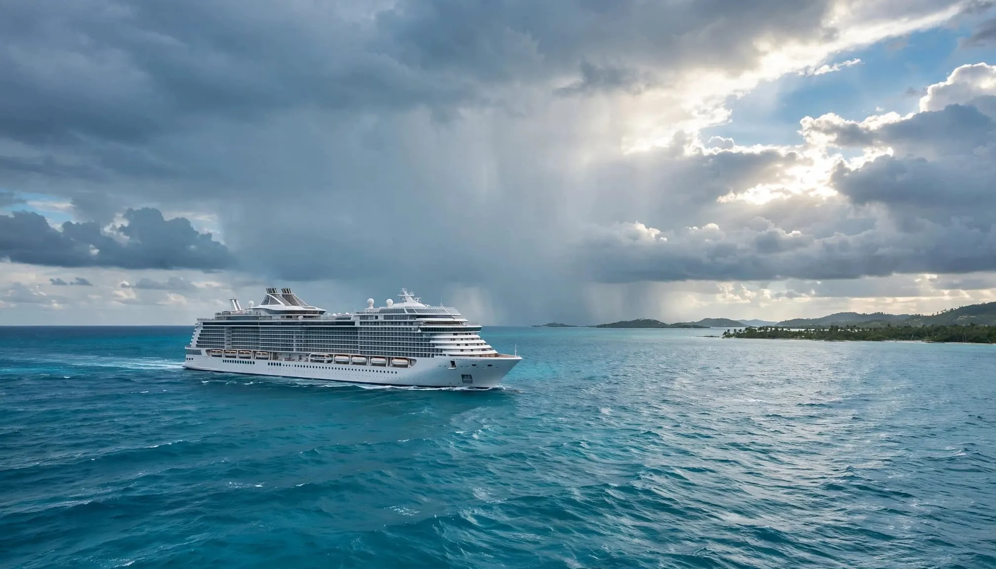 Luxury cruise ship sailing through light tropical rain near a distant island.