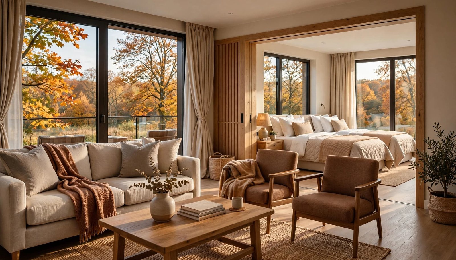 Resort suite with two beds, seating, clear pathways, and autumn trees outside.