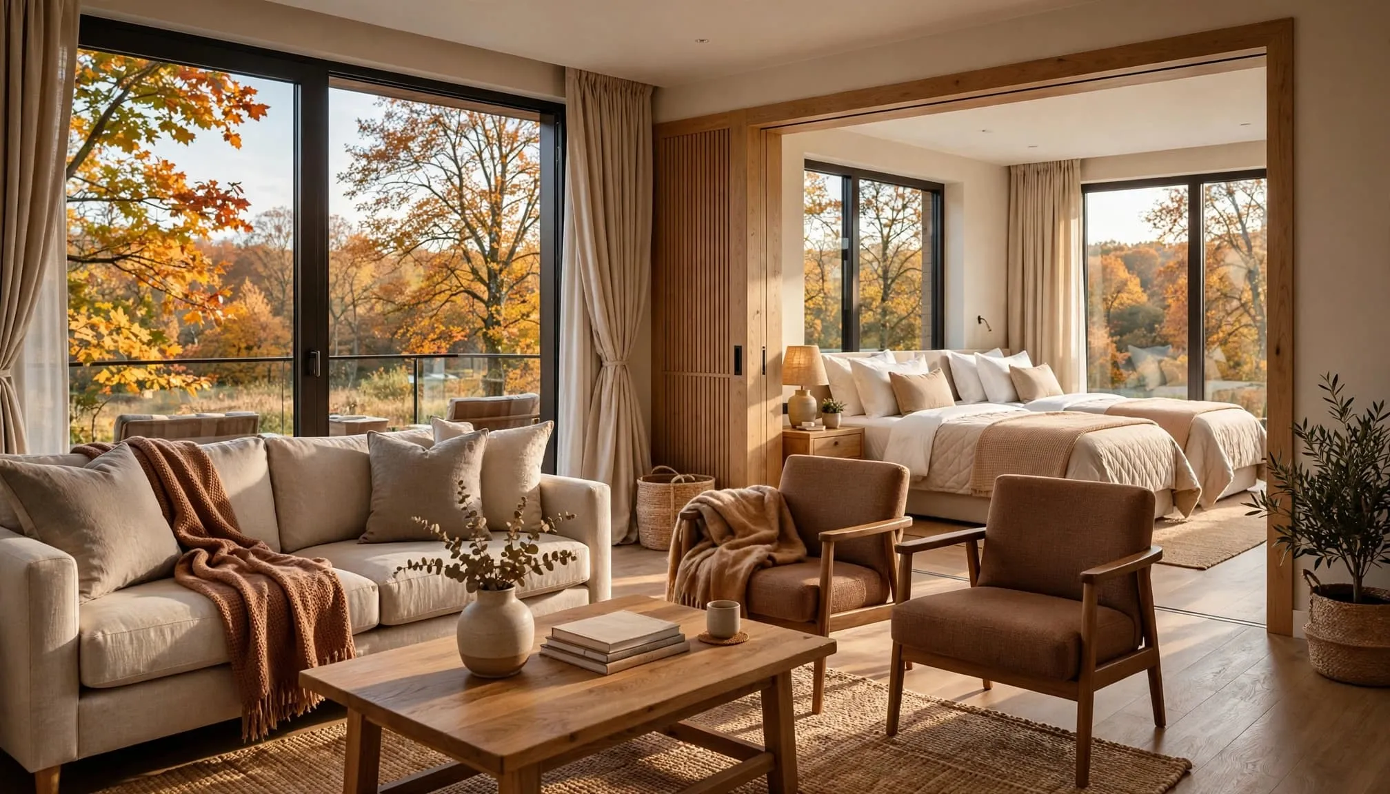 Resort suite with two beds, seating, clear pathways, and autumn trees outside.