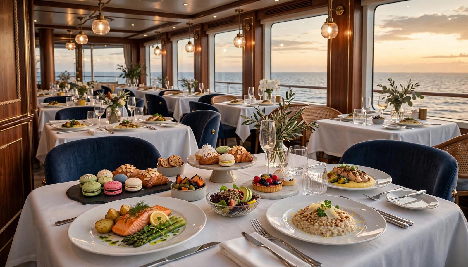 Elegant gluten-free dishes and pastries arranged in a cruise dining room overlooking the ocean.