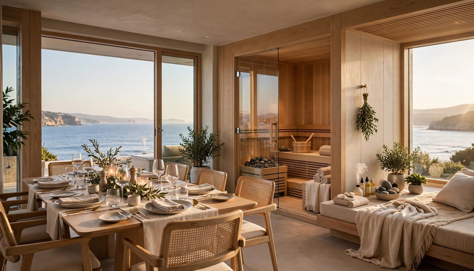 A dining table for six beside a spa area with sauna details and ocean views.