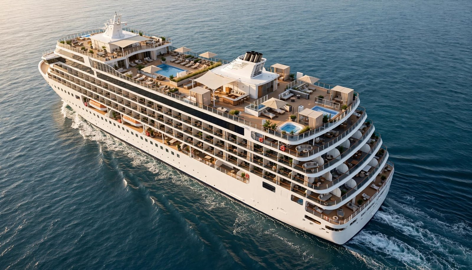 A modern cruise ship sailing on calm blue ocean with balconies in warm afternoon light.