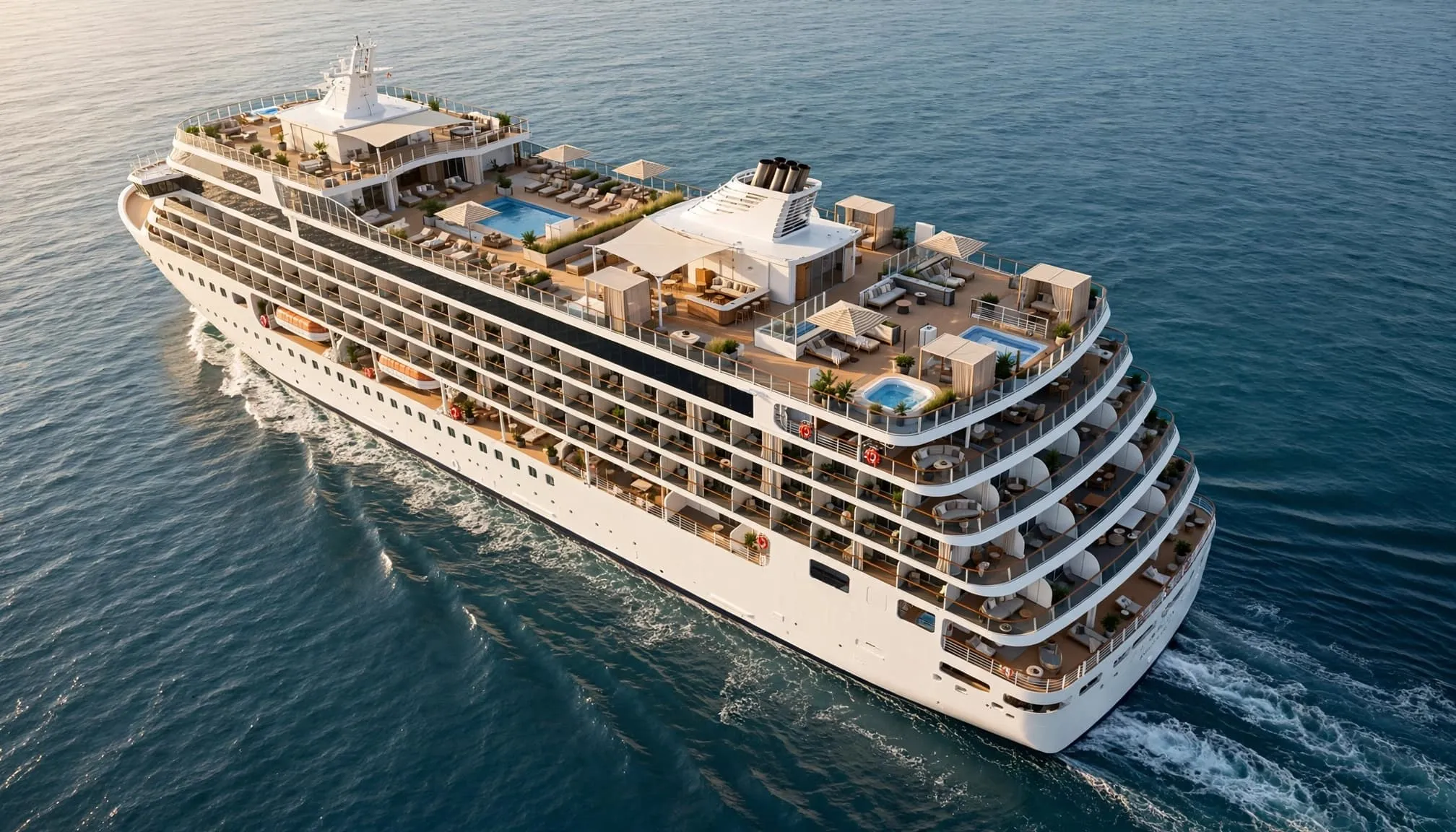A modern cruise ship sailing on calm blue ocean with balconies in warm afternoon light.
