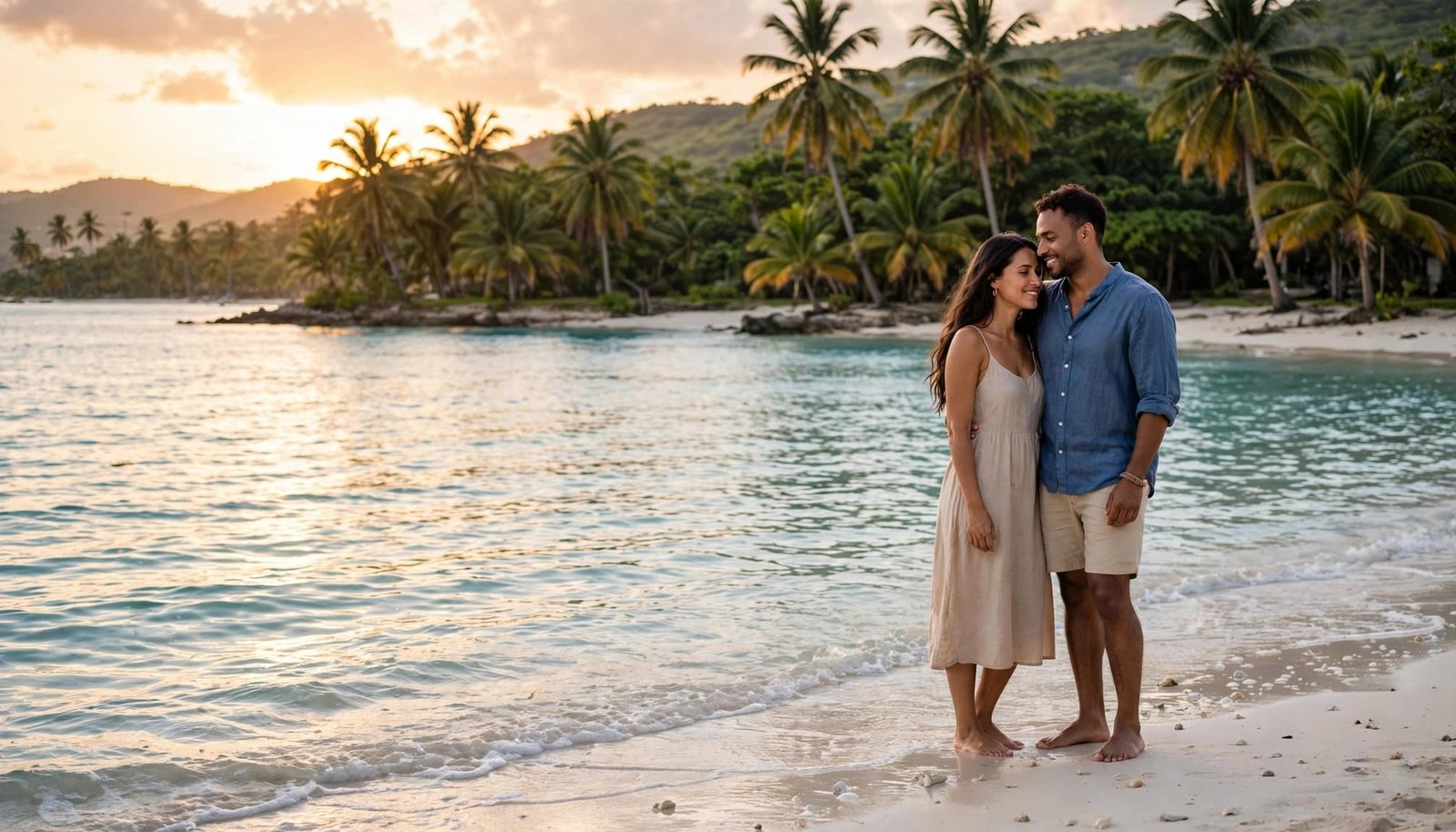 A couple stands on a quiet Jamaican beach at sunset with turquoise water behind them.