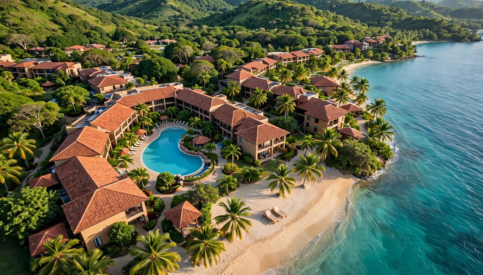 A tropical resort with a curved pool, private beach, turquoise sea, and green hills.