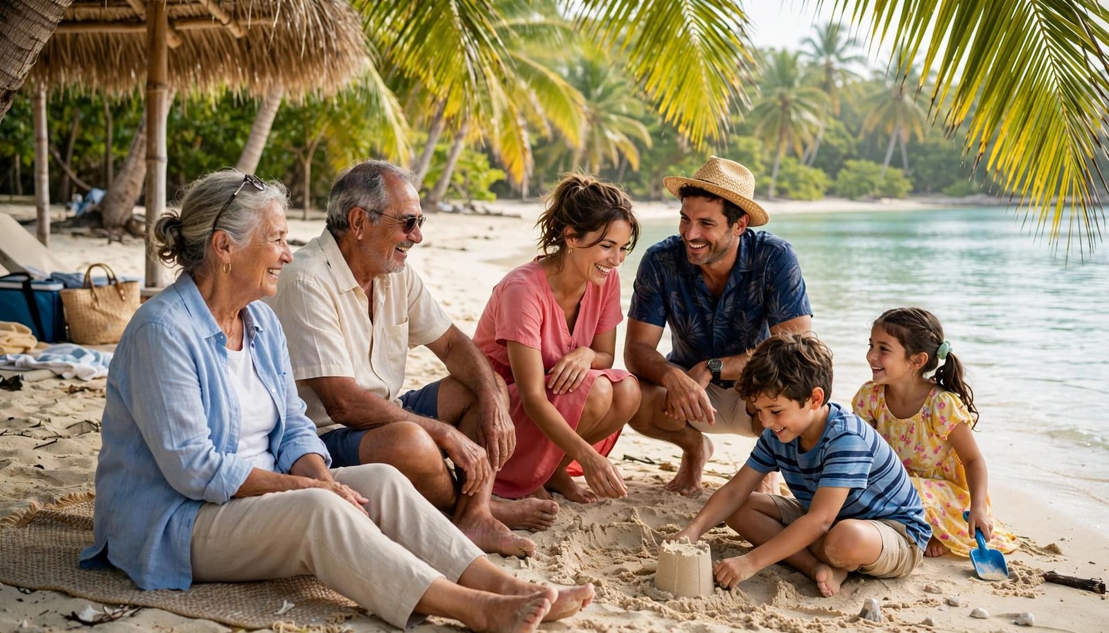 Six family members relax on a sunny Caribbean beach beside calm turquoise water.