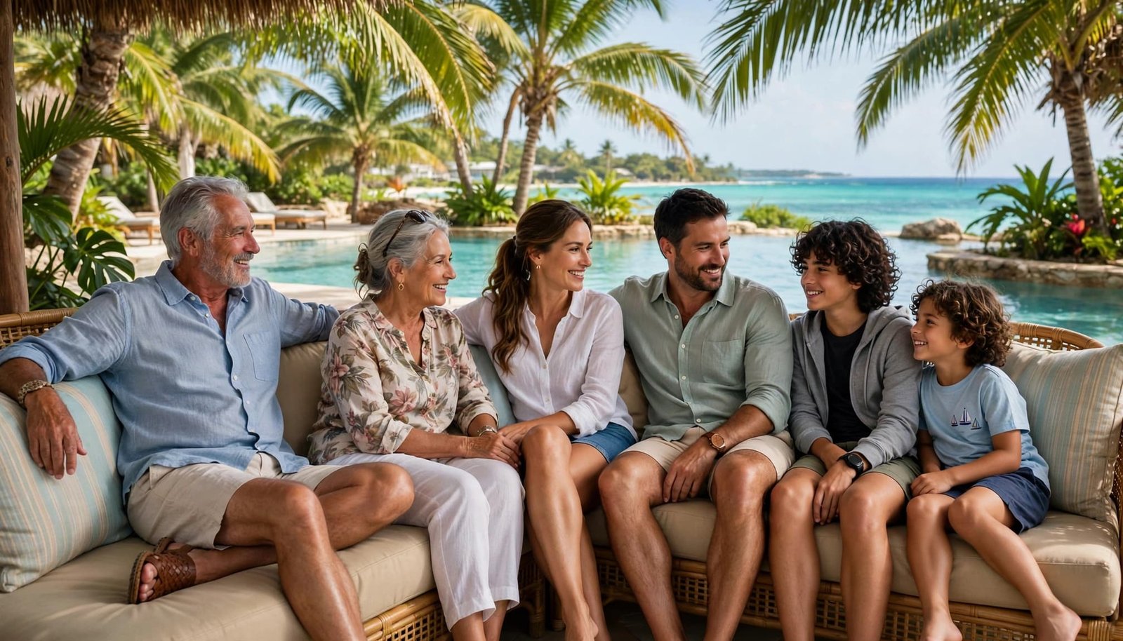 A multigenerational family of six relaxing beside a Caribbean resort pool.