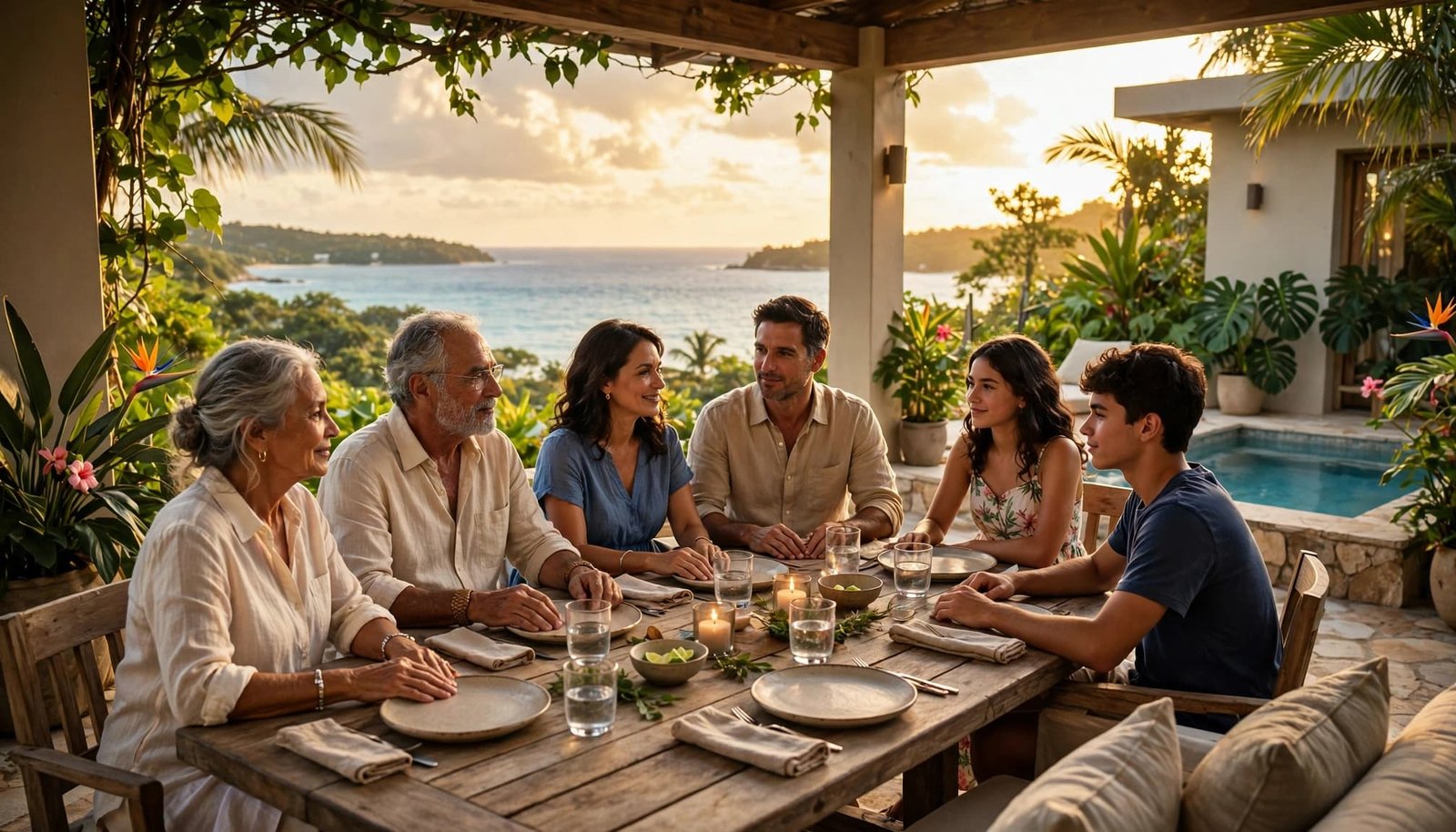 Three generations share dinner on a tropical villa terrace overlooking the sea.