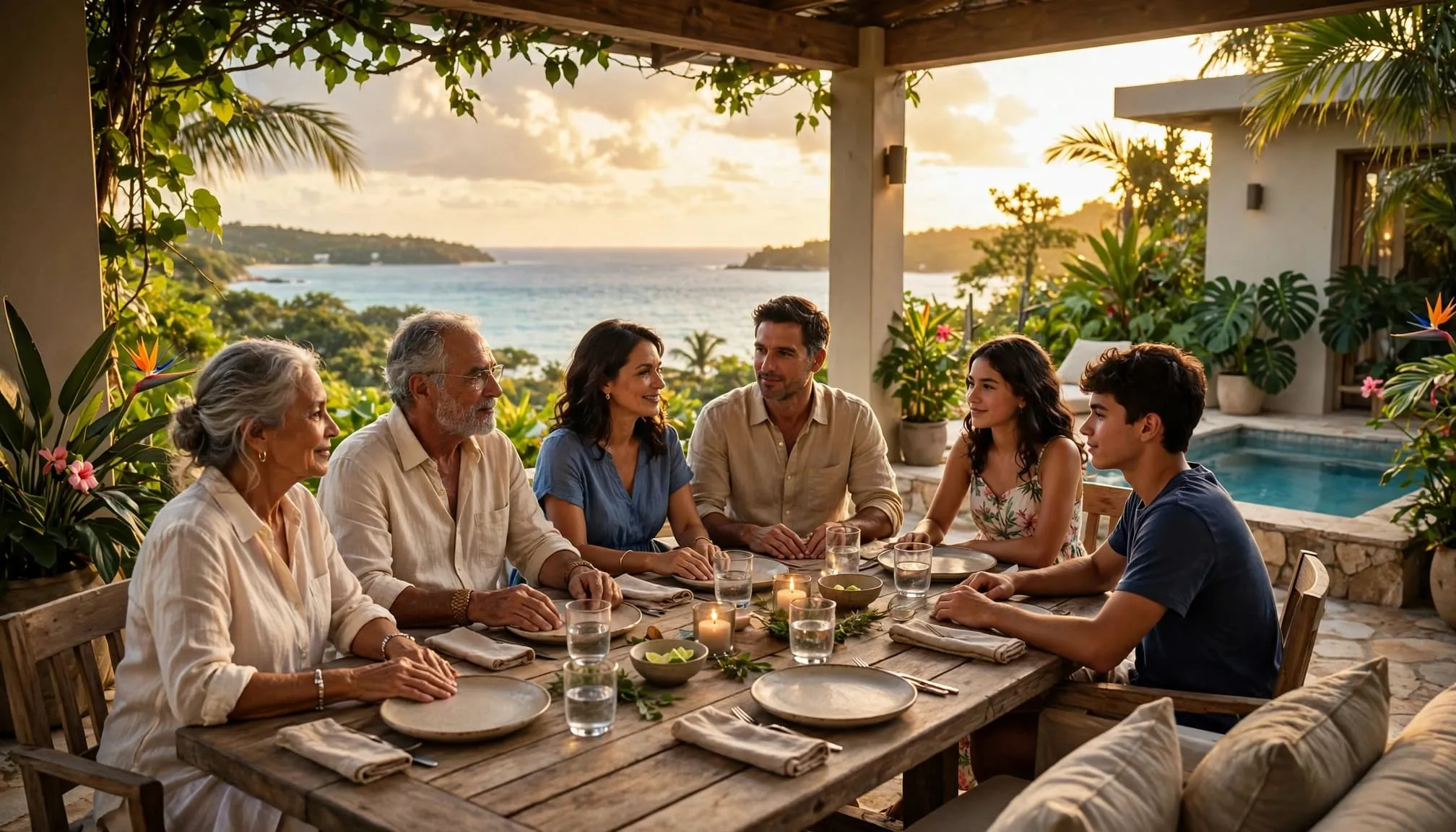 Three generations share dinner on a tropical villa terrace overlooking the sea.
