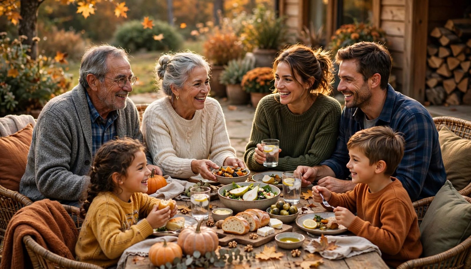 Six family members share a meal outdoors among pumpkins.