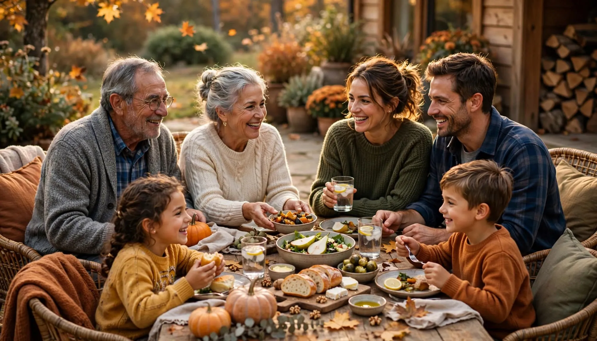 Six family members share a meal outdoors among pumpkins.