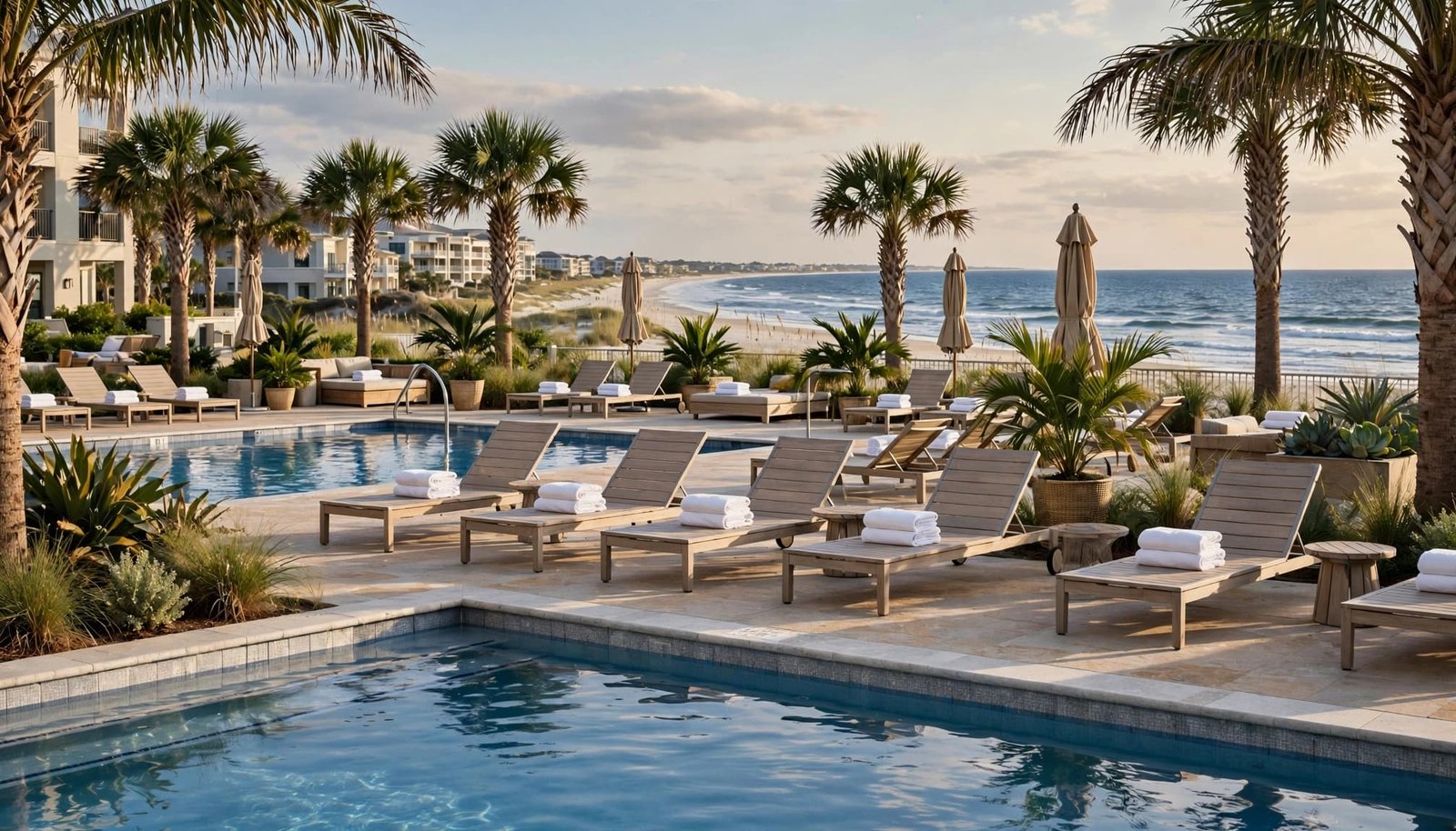 A resort pool with towel-covered loungers, palms, and the ocean beyond.