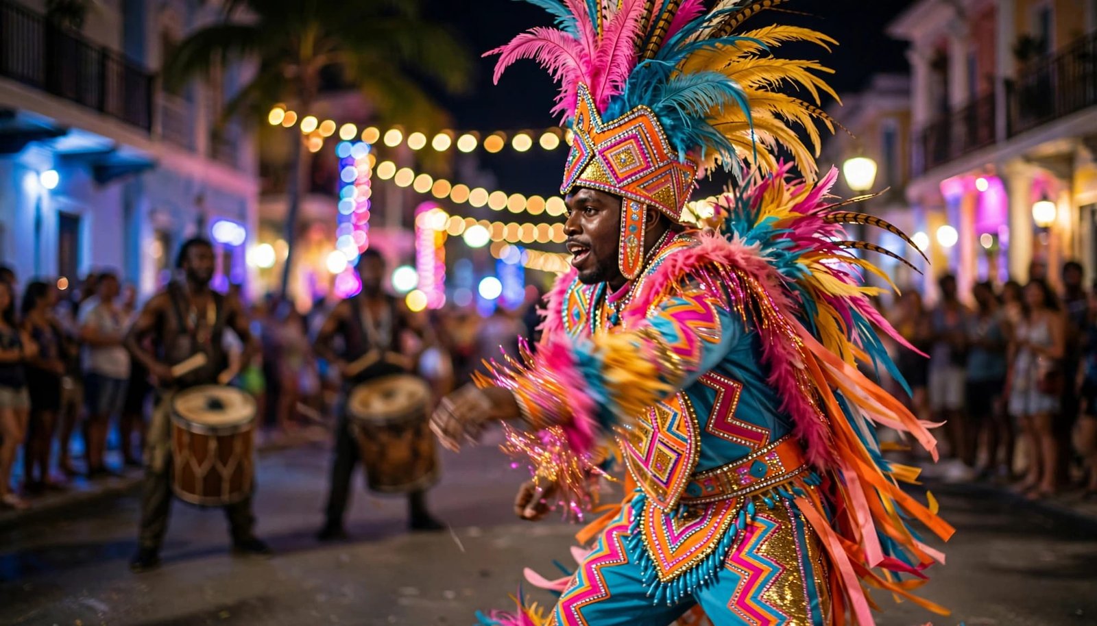 A costumed Junkanoo dancer performs at night with drummers and a blurred crowd behind.