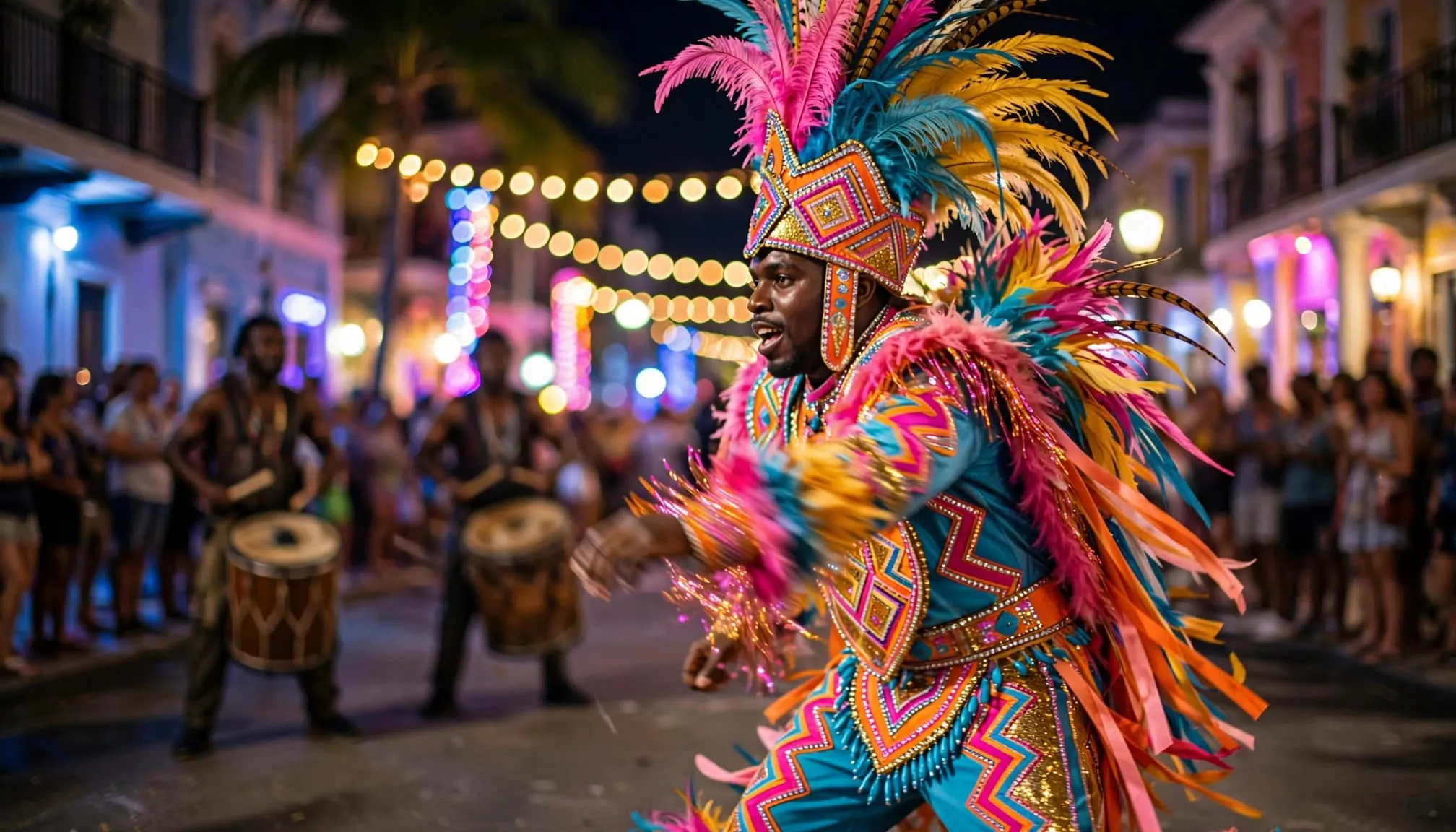 A costumed Junkanoo dancer performs at night with drummers and a blurred crowd behind.