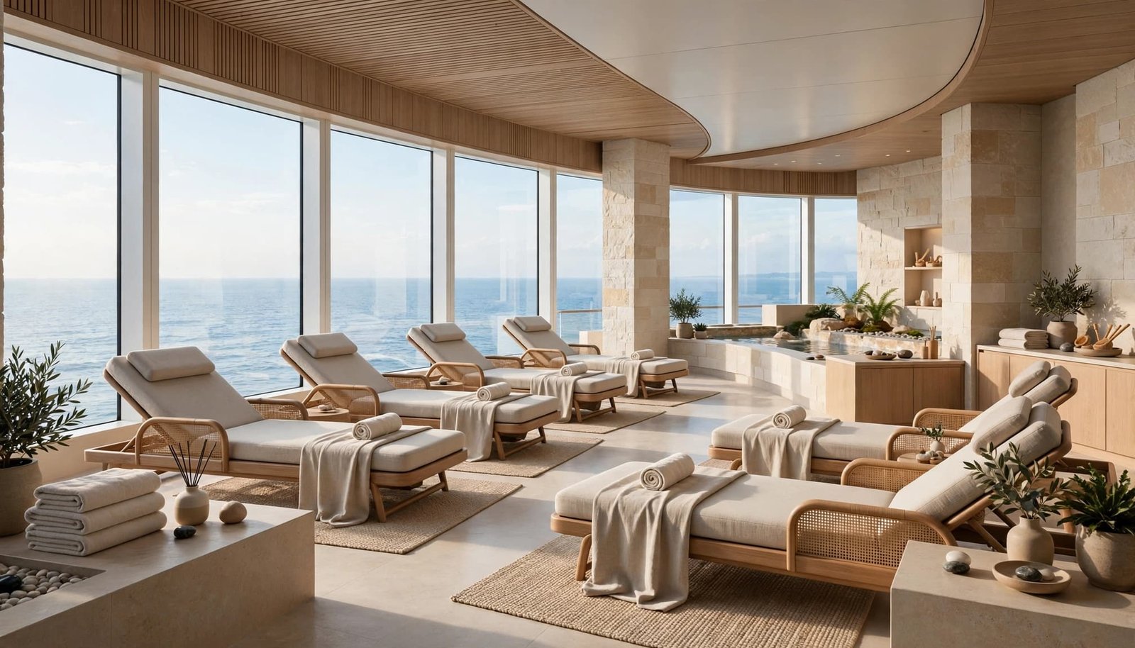Luxury cruise ship spa with heated loungers facing a calm blue sea.