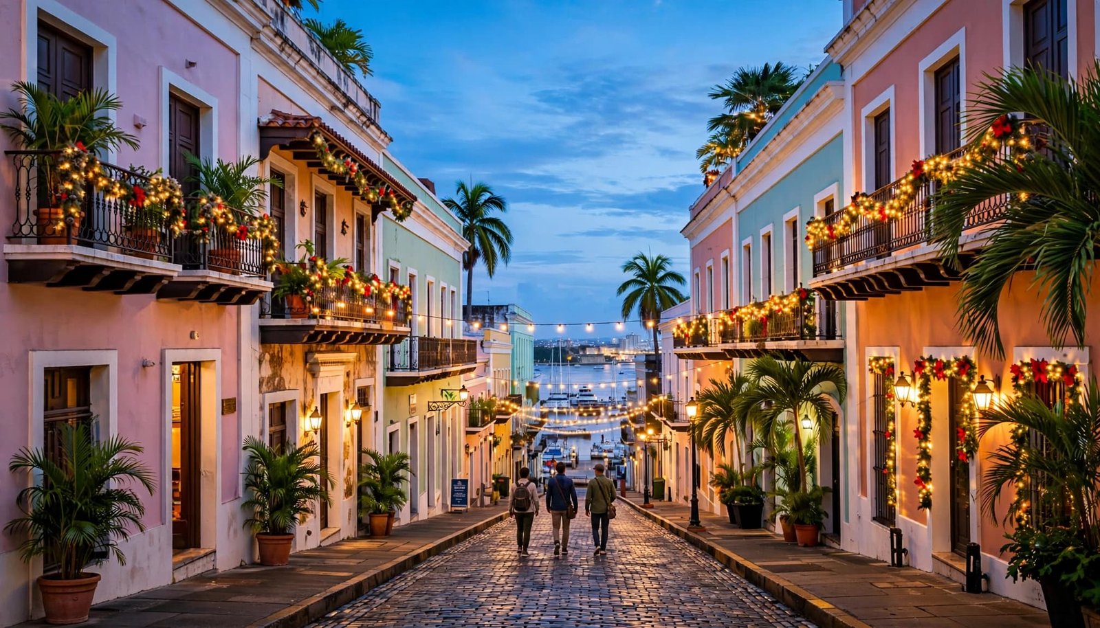 Three travelers walk along a lit cobblestone street in pastel Old San Juan.