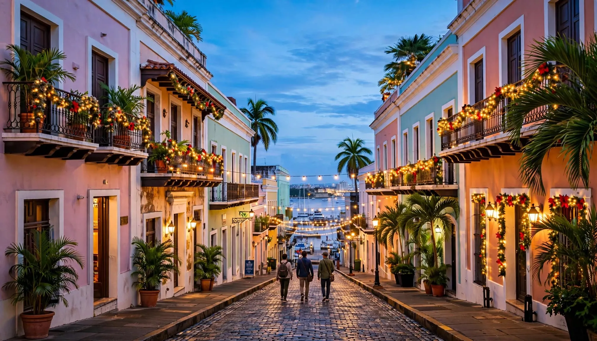 Three travelers walk along a lit cobblestone street in pastel Old San Juan.