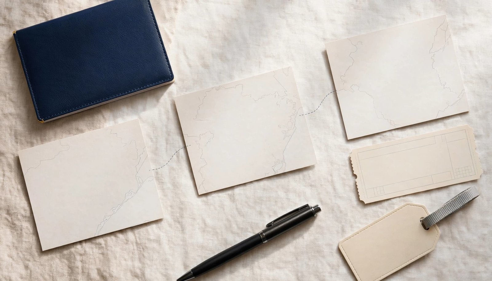 Passport, map cards, train ticket, luggage tag, and pen arranged on a desk.