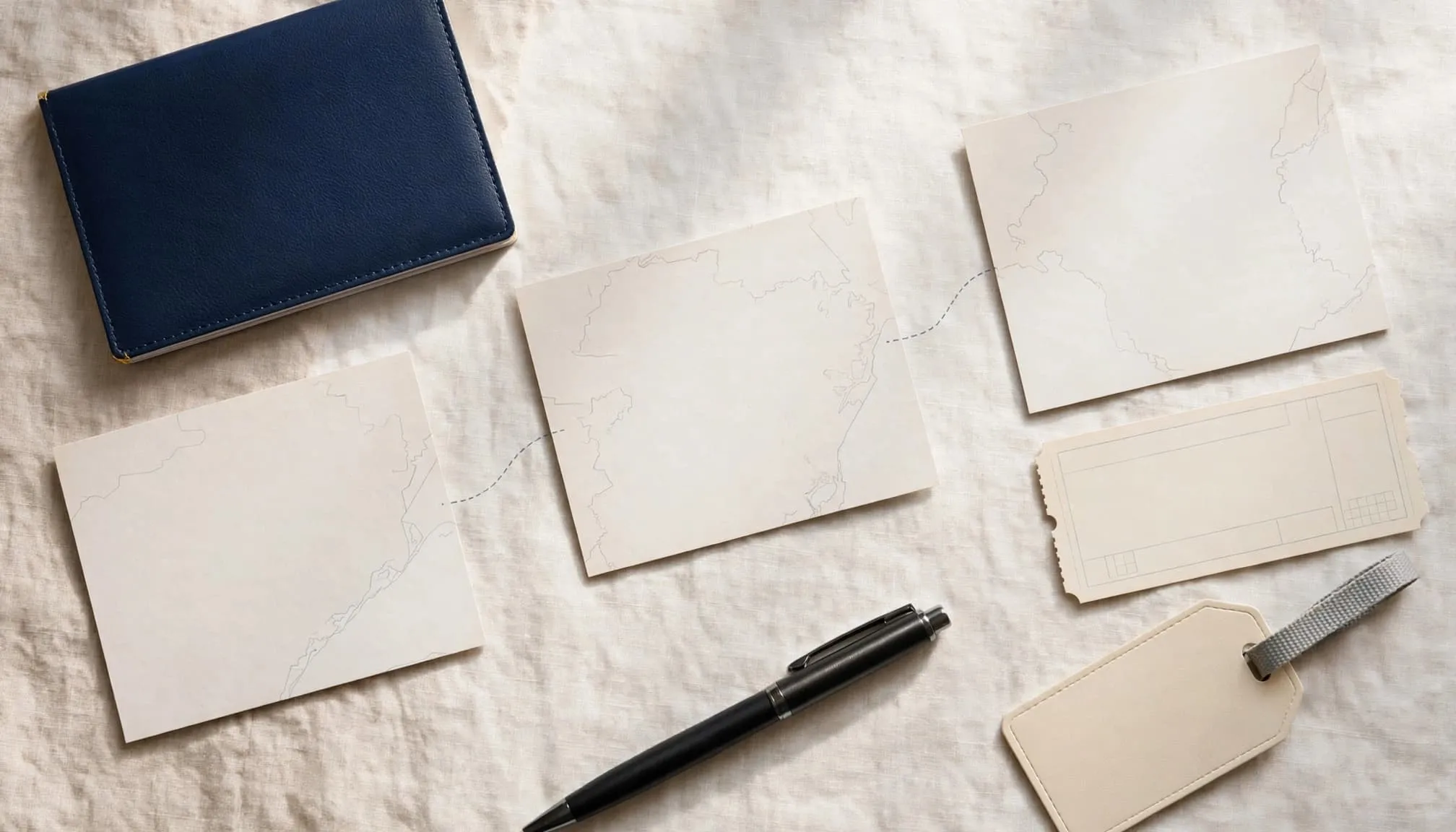 Passport, map cards, train ticket, luggage tag, and pen arranged on a desk.