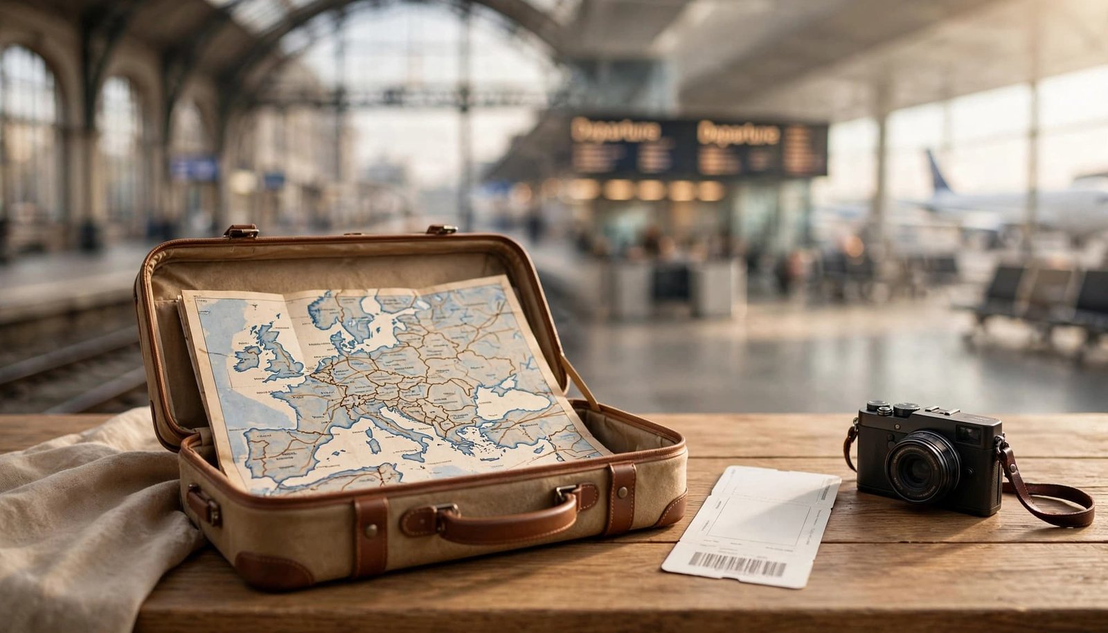 An open suitcase holds a rail map, boarding pass, and camera beside blurred travel terminals.