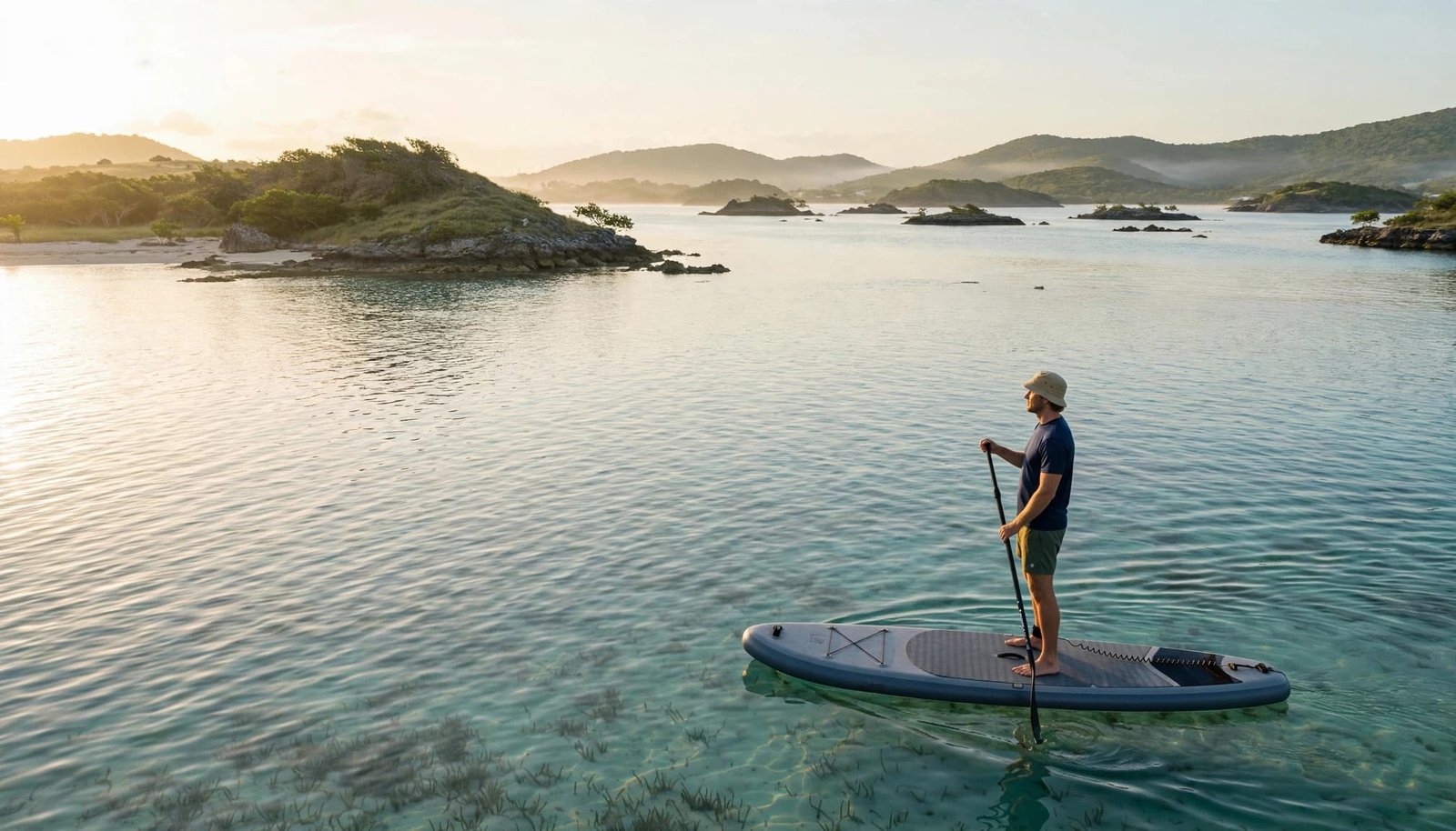 A paddleboarder stands on calm turquoise water near Pinel Island.