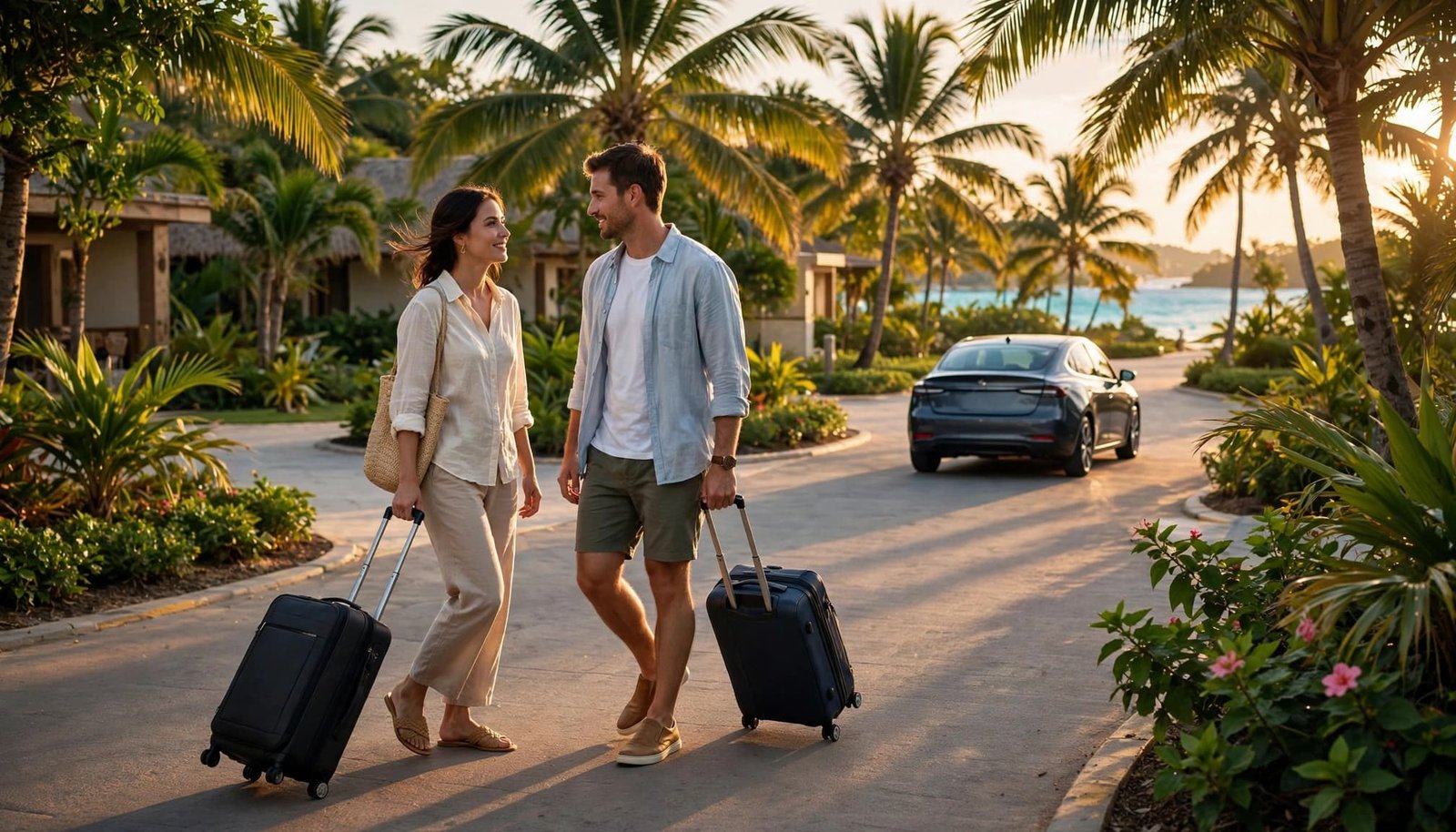 A couple with two suitcases walks toward a small car along a tropical resort driveway.