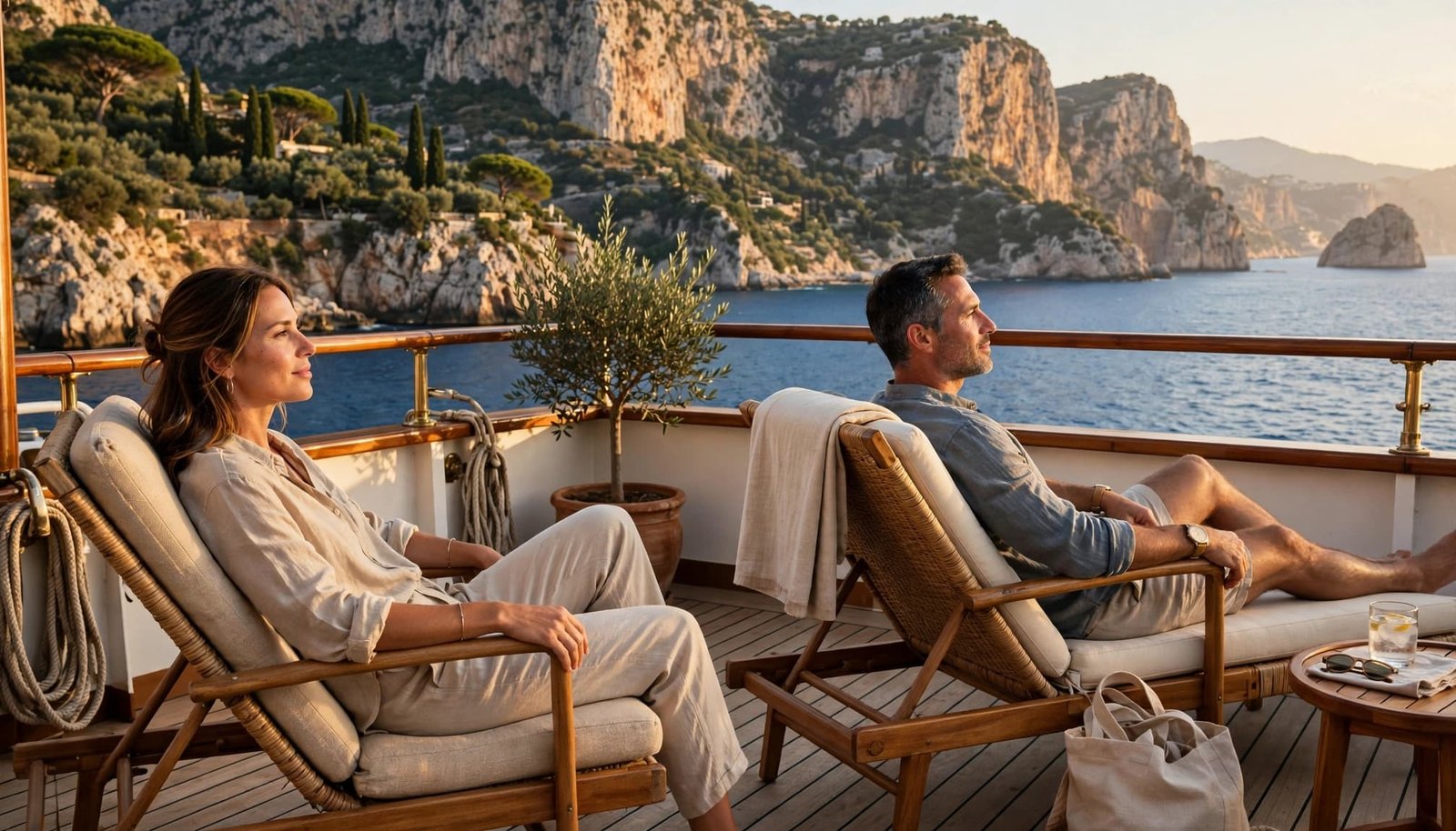 Two travelers relax in separate chairs on a cruise deck overlooking Mediterranean cliffs.