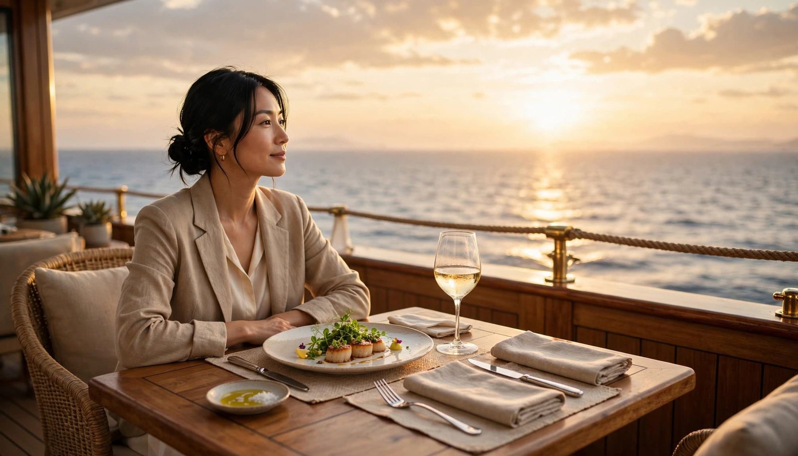 A cruise guest enjoys dinner and wine on a private terrace overlooking the sunset ocean.