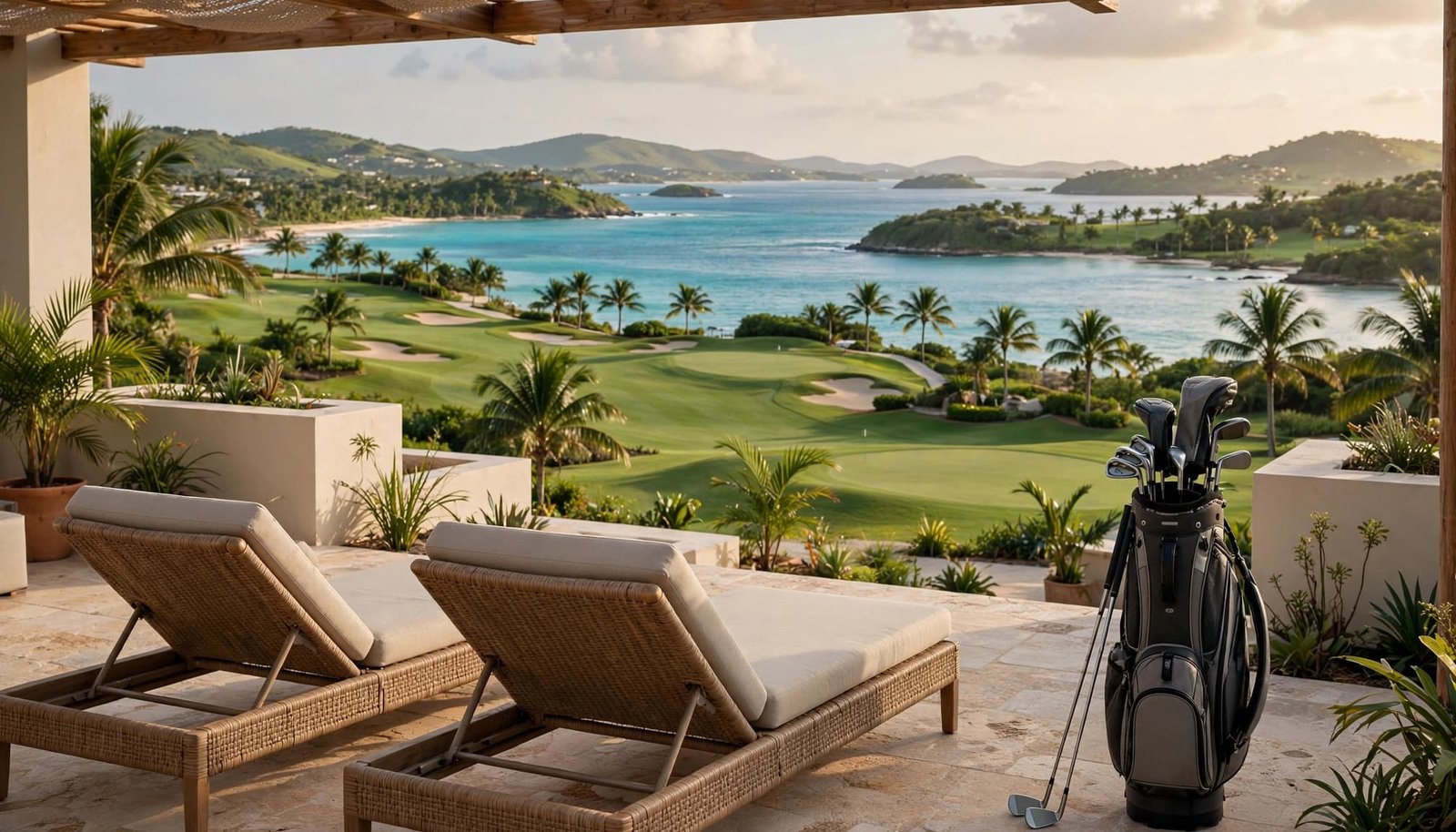 Puerto Rico golf resort terrace with lounge chairs, a golf bag, palms, a manicured course, and turquoise Caribbean water.