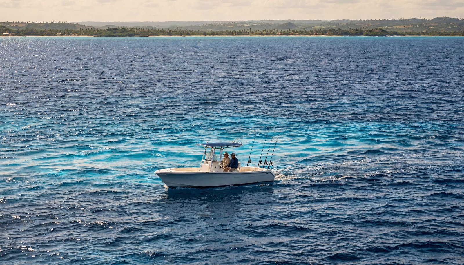 Two anglers fish from a charter boat offshore, with a tropical coastline in the distance.