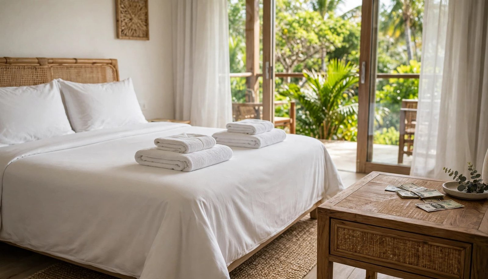 A tidy resort room with folded towels, a bed, and money on a side table.