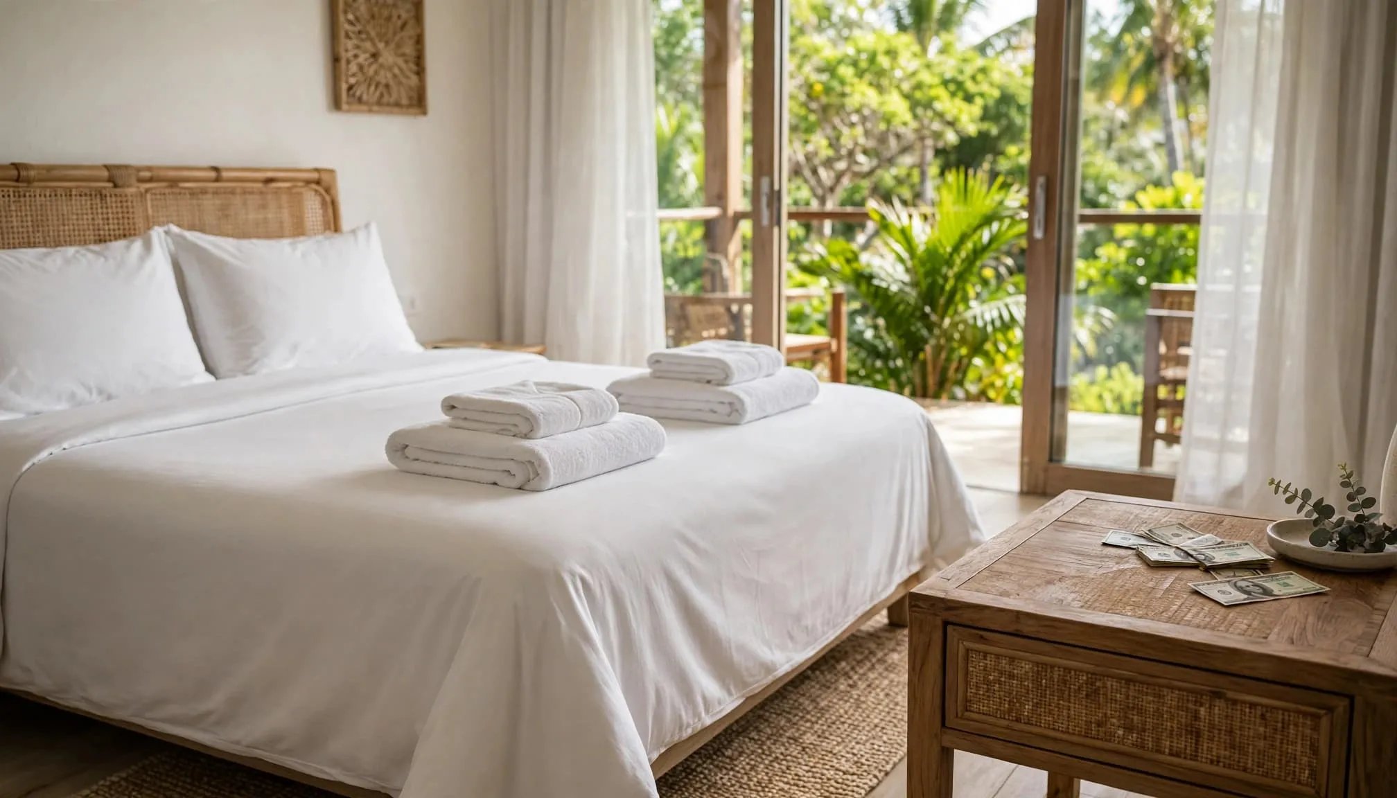 A tidy resort room with folded towels, a bed, and money on a side table.