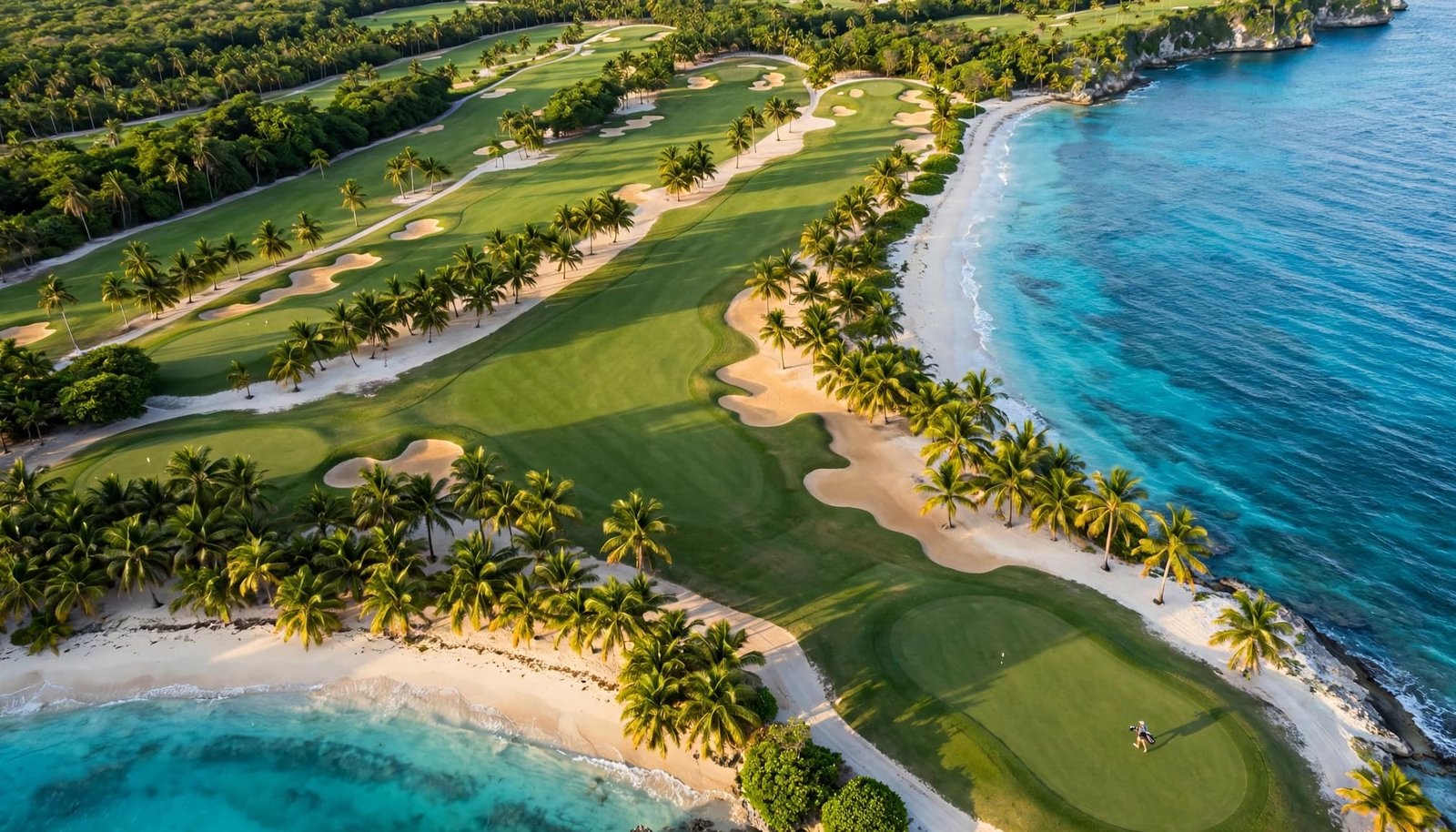 Caribbean golf vacations in Punta Cana with an oceanfront fairway, white sand beach, palms, and turquoise water.