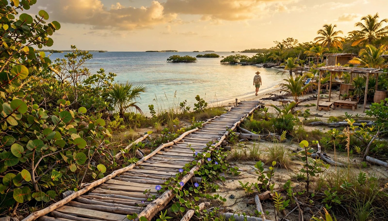 One traveler walks beside clear water and tropical plants on a quiet island beach.